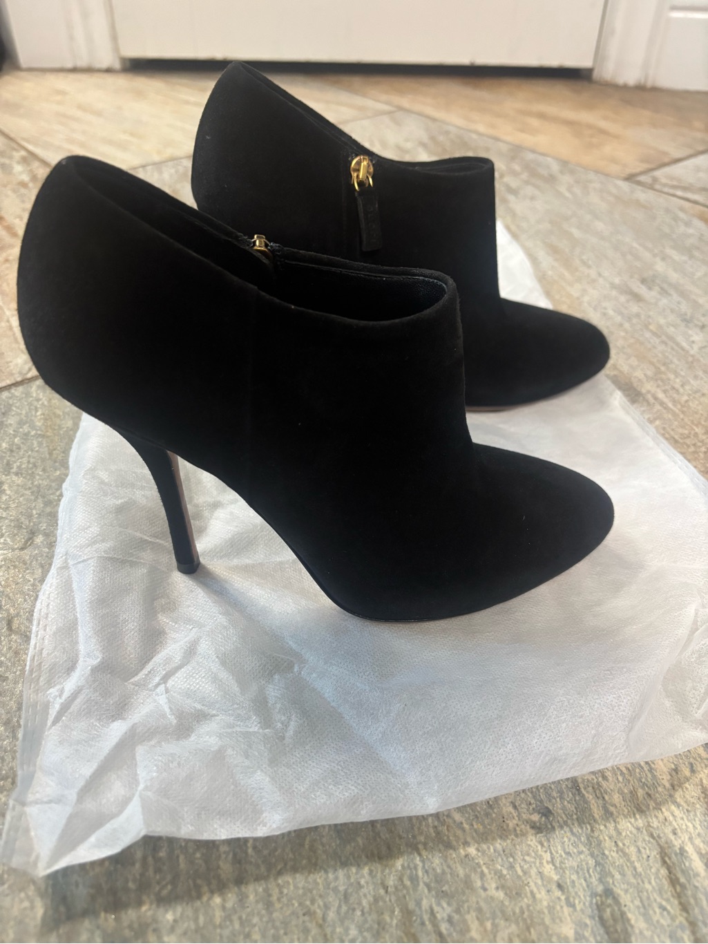 Gucci Black Suede Stiletto Ankle Booties With Gold Zip